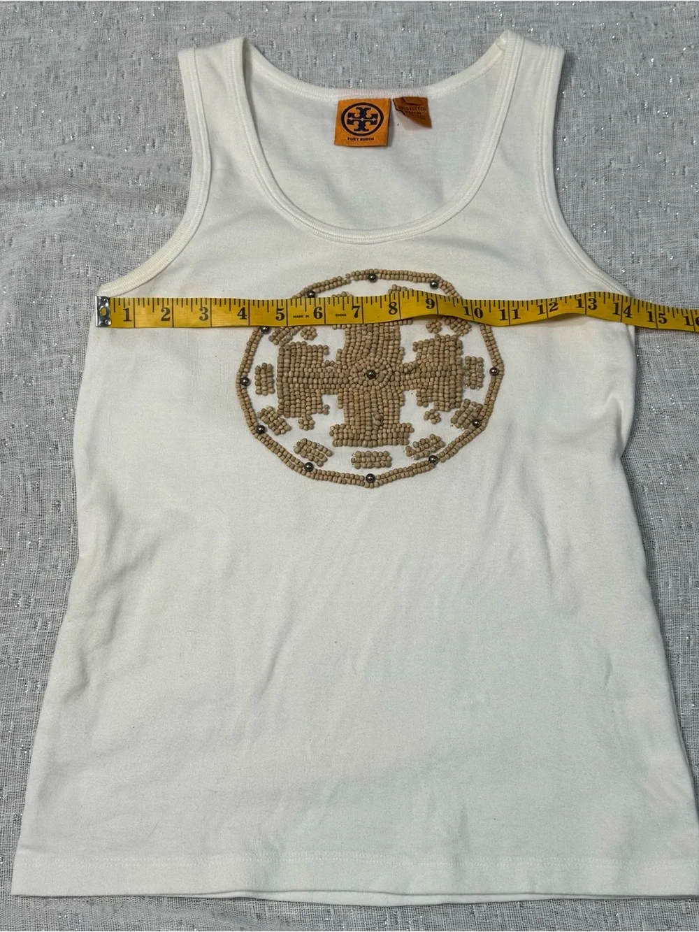 Tory Burch Beaded White Boho Summer Women’s Small Chic Vacation Cotton Tank